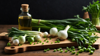 wooden chopping board holds a heap of spring onions develop a recipe for a homemade spring onion-infused oil