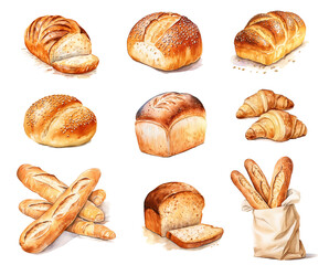 Watercolor bakery set with sliced loaf, sesame bun, bread, baguettes in a bag, croissants and a wholegrain loaf isolated on white background.