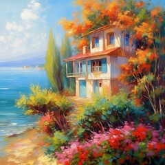 Oil Painting - House Near the Sea, Colorful Flora

