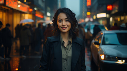 Fototapeta premium Asian, portrait and businesswoman with night, city and professional entrepreneur in street. Happy, smiling and urban town with Japanese female wearing a business suit for leadership and bokeh success