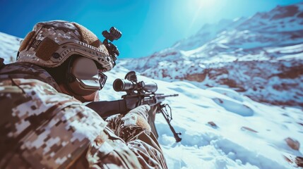 Blending into the rocky terrain, a highly trained sniper takes aim at the enemy, his calm demeanor and calculated precision a testament to his lethal expertise in the mountains. - obrazy, fototapety, plakaty