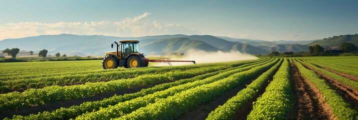 Farming agriculture tractor spraying plants in a field - obrazy, fototapety, plakaty