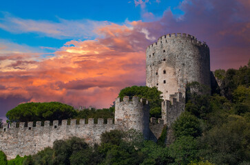 Majestic Medieval European Castle at Sunrise, Ancient Stone Fortress with Circular Tower on Green...