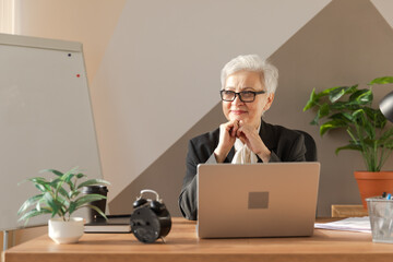 Confident stylish european middle aged senior woman using laptop at workplace. Stylish older mature 60s gray haired lady businesswoman sitting at office table. Boss leader teacher professional worker