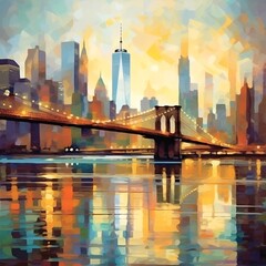 Oil Painting on Canvas - View of New York Riverfront

