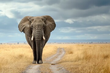 Fototapeta na wymiar Solitary elephant wandering in the African savannah