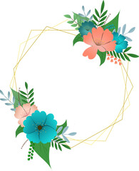 Floral frame for wedding, birthday with gold frames blue and pink flowers 