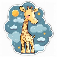 stiker jirafa beb?, en una nube, con un biberon, dubujo, fantasia 4k