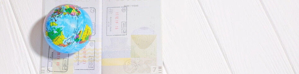 Travel concept, passport, globe earth and money on white background
