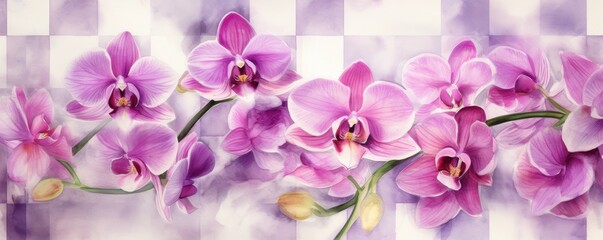 Orchid vintage checkered watercolor background. 