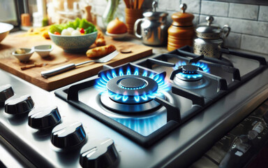 Closeup shot of blue fire from domestic kitchen stove top. Gas cooker with burning flames of propane gas. Industrial resources and economy concept.