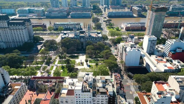 Aerial drone view of Buenos Aires Museo Aduana, Argentina. Plaza Presidente Juan Domingo Per&oacute;n
