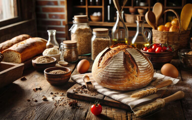 Wooden rustic table in wheat flour and board with freshly baked sourdough bread loaf.