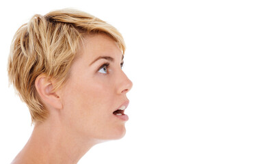 Woman, face and shock on mockup space for news, notification or alert on a white studio background....
