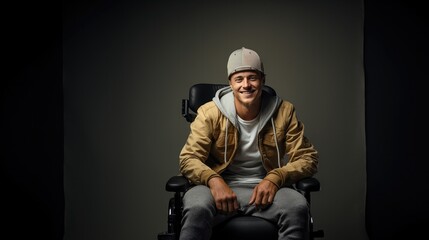 male person on wheelchair on solid black background.