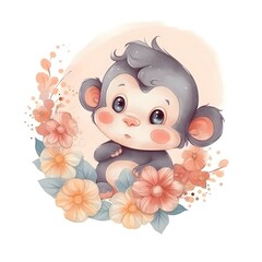 stiker monito bebe , en una nube, con flores, dibujo, fantasia 4k