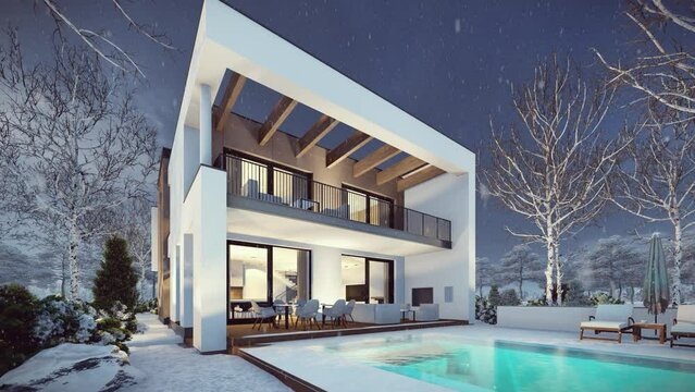 4K video rendering of modern cozy house with pool and garage for sale or rent in luxurious style and beautiful landscaping on background. Cool winter night.