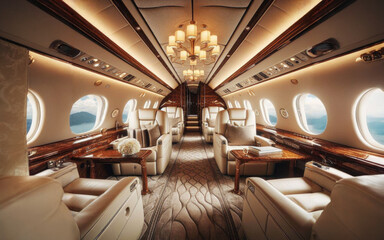 Luxury interior in bright colors of genuine leather in the business jet.