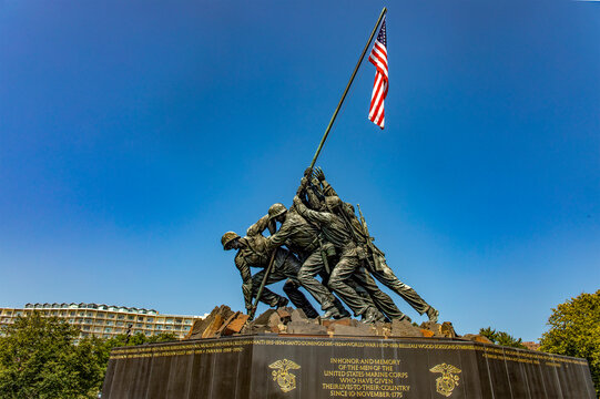 Washington D.C., USA; June 2, 2023: The Marine Corps War Memorial, the famous Battle of Iwo Jima monument in the U.S. capital.