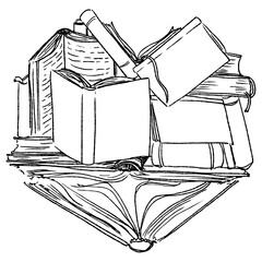 Line black and white illustration of the heart made of books