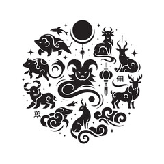 Timeless Imagery Captured: Chinese Zodiac Animal Silhouette Stock Perfect for New Year Celebrations - Chinese New Year Silhouette - Chinese Zodiac Animal Vector Stock
