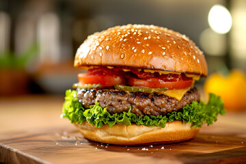 Promotional commercial photo of tasty burger with meat on a wooden table