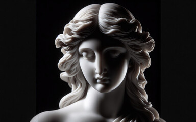 Ancient white marble sculpture head of young woman. Statue of sensual renaissance art era woman antique style. Face isolated on black background