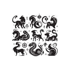 Oriental Elegance Captured: A Mesmerizing Chinese Zodiac Animal Silhouette Stock Portfolio - Chinese New Year Silhouette - Chinese Zodiac Animal Vector Stock
