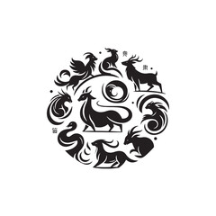 Ethereal Connection Reimagined: Enchanting Chinese Zodiac Animal Silhouette Series Crafted for Stock Collections - Chinese New Year Silhouette - Chinese Zodiac Animal Vector Stock
