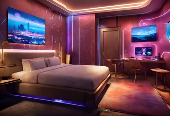 Fototapeta premium Smart Futuristic Luxury Standard Double Room - Cutting-Edge Design, Hi-tech Comfort, and Elevated Elegance for Modern Living