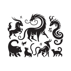 Timeless Imagery Captured: Chinese Zodiac Animal Silhouette Stock Perfect for New Year Celebrations - Chinese New Year Silhouette - Chinese Zodiac Animal Vector Stock
