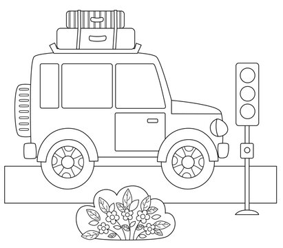  Car with baggage on the road. Outline for colouring