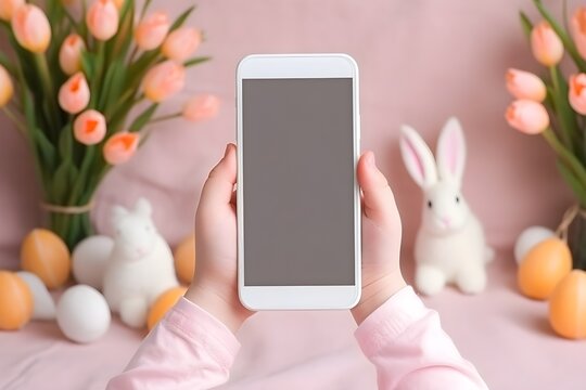 woman hand hold blank screen mobile phone on easter background with painted eggs, Generative AI