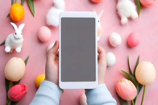 woman hand hold blank screen mobile phone on easter background with painted eggs, Generative AI