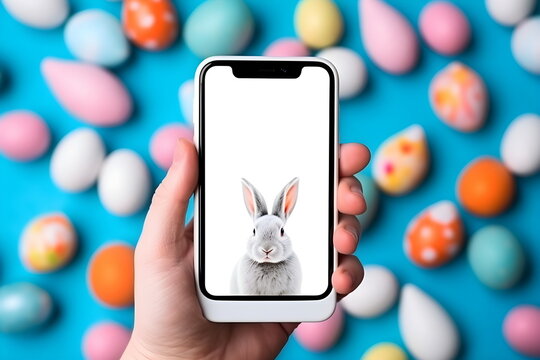 woman hand take photo with mobile phone on easter background , Generative AI