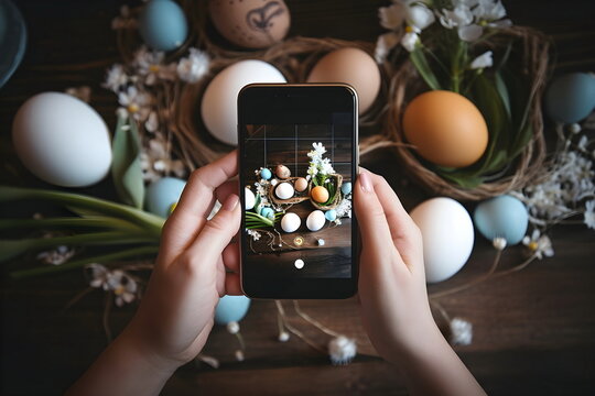 woman hand take photo with mobile phone on easter background , Generative AI