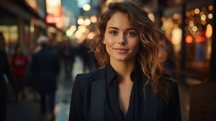 Obraz premium Woman, portrait and business with night, street and professional entrepreneur in city. Happy, smiling and urban with modern female wearing a business suit for leadership and bokeh success