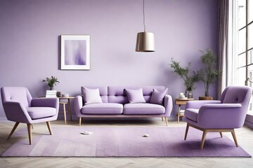 light Lavender sofa and armchairs in scandinavian style home interior design of modern living room ,looks as hd camera 