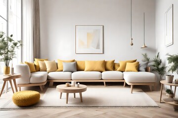 light white and yellow corner sofa near fireplace. Scandinavian home interior design of modern living room  