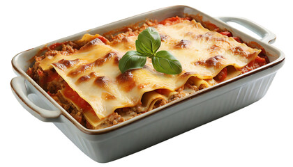 Lasagna in baking dish isolated on white background