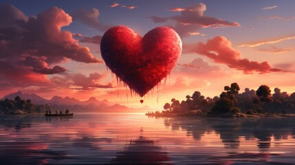 red heart shaped hot air balloon floating over lake on sunset. - obrazy, fototapety, plakaty