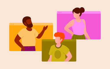 Illustration vectorielle d'hommes et femme discutant et travaillant sur ordinateur