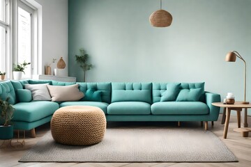 Fototapeta na wymiar two knitted poufs near light Turquoise corner sofa copy space. Scandinavian home interior design of modern living room 
