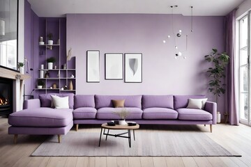 light purple corner sofa near fireplace. Scandinavian home interior design of modern living room,looks as HD camera  