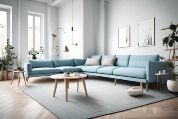 Obraz na płótnie Canvas light blue corner sofa near fireplace. Scandinavian home interior design of modern living room 