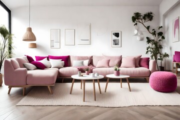 Two knitted poufs near light white Magenta corner sofa. Scandinavian home interior design of modern living room, look as a hd camera picture  