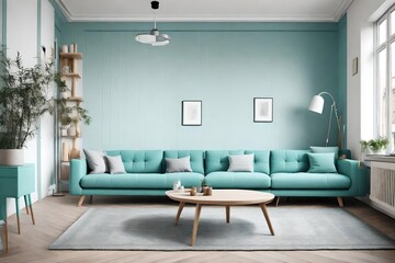 light Turquoise corner sofa near fireplace. Scandinavian home interior design of modern living room,looks as HD camera  