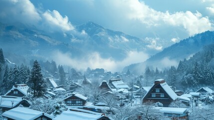 日本風の冬の豪雪地帯の村風景
