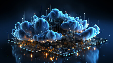 virtual computing on a blue background with a natural white cloud sky The idea of cloud technology is data transport, information uploading, and application downloading.
