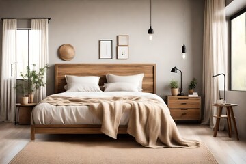 Wood bedside cabinet near bed with beige blanket. Farmhouse interior design of modern bedroom   